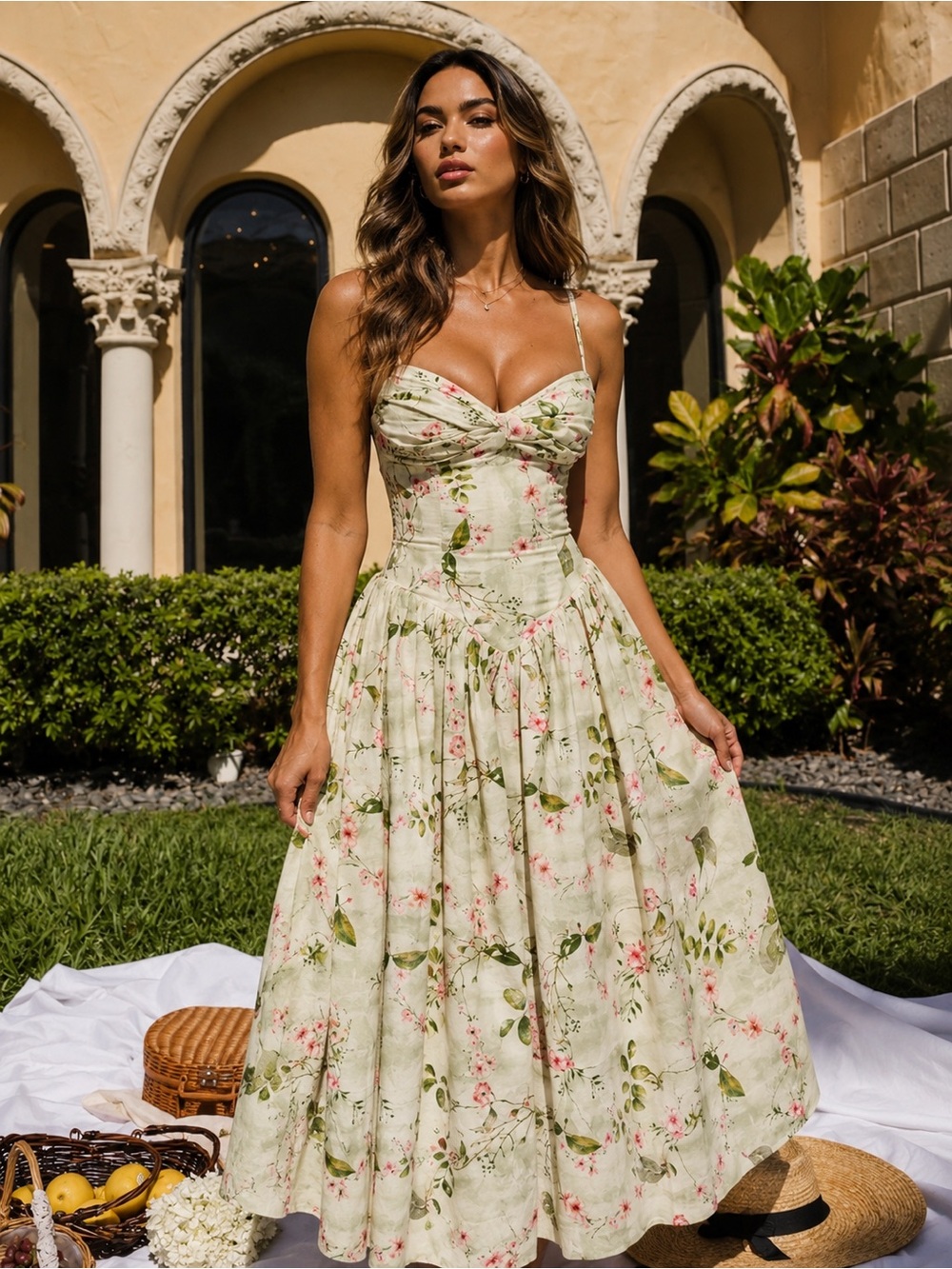LAST SIZE SALE! Jacinda Green Floral Print Ruched Breast Linen Midi
Dress